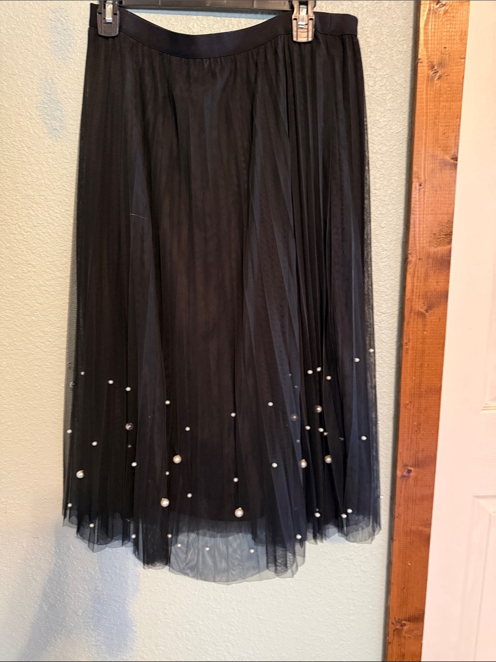 DR2 Black Tulle Midi Skirt with Pearl Accents